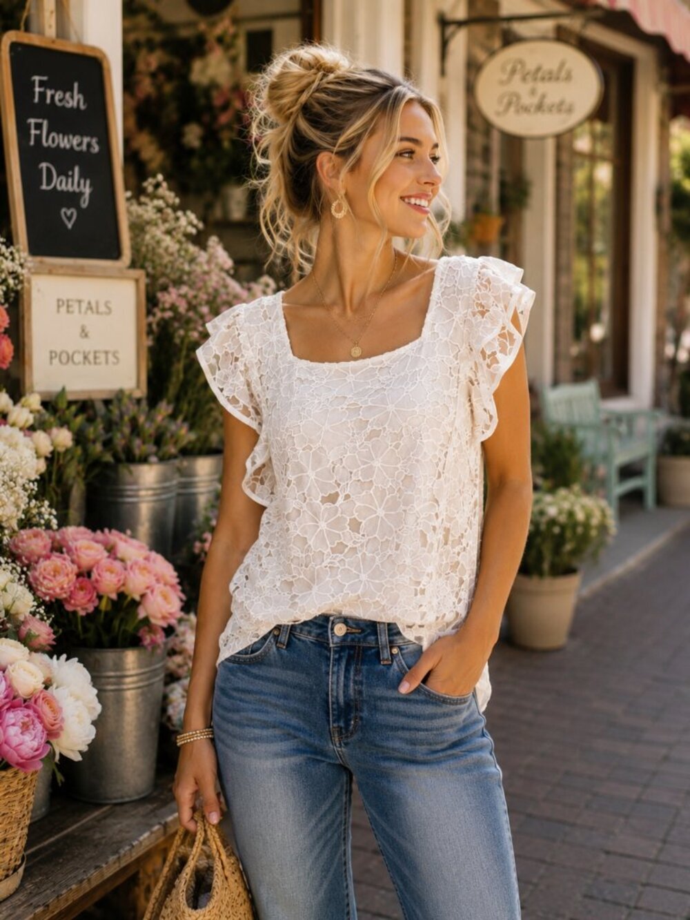 Entro White Floral Lace Blouse Large | 3D Embroidered Flutter Sleeve Top